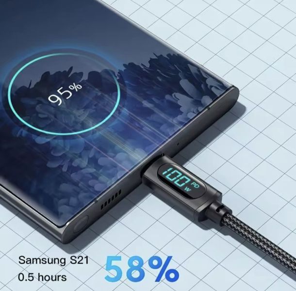 Кабель Essager USB Type-C &ndash; Type-C 100W PD с дисплеем, 2м, быстрая зарядка SKU-00137 фото