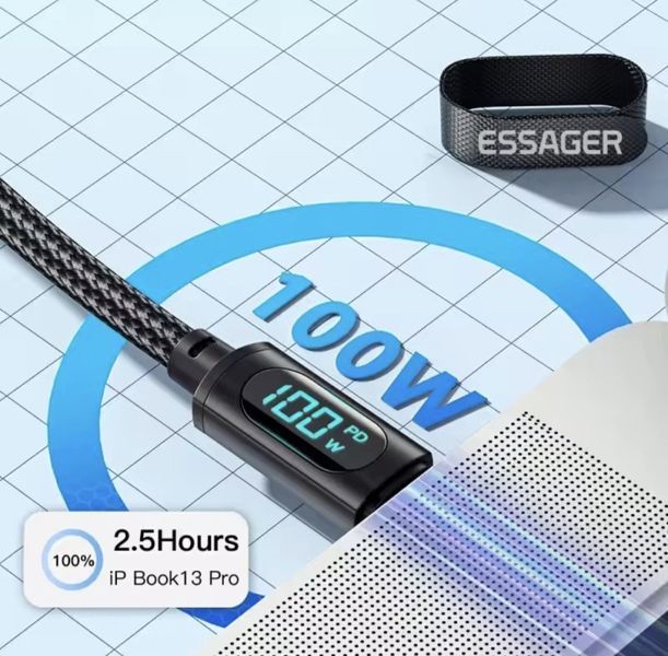 Провід Essager USB Type-C &ndash; Type-C 100W PD з дисплеєм, 1м, швидка зарядка (Чорний) SKU-00136 фото