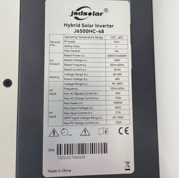 Гібридний сонячний інвертор 1P L 6.5kW 48V JSDSolar J6500HC-48 6500W, вбудований Wi-Fi SKU-00425 фото