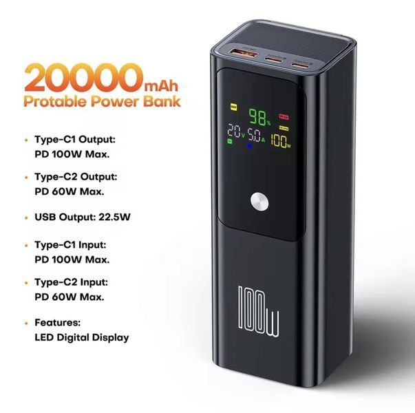 Повербанк 100W 20000mAh з LED-дисплеєм для ноутбуків та смартфонів (Чорний) SKU-00107 фото
