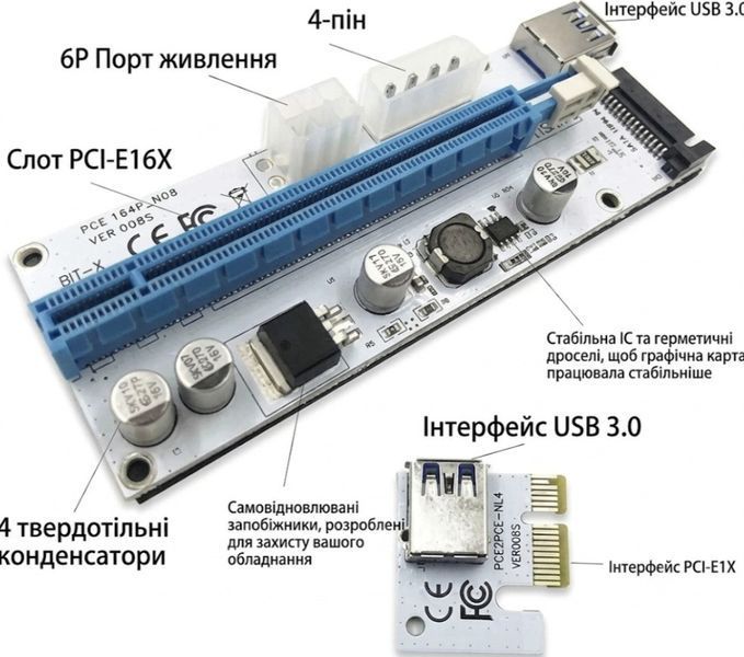 PCE164P-N06 ver. 008S райзер универсальный PCI-E 1х - PCIE 16x (1X 4x 8x) USB 3.0 питание 4 pin Molex 6 pin SKU-00285 фото